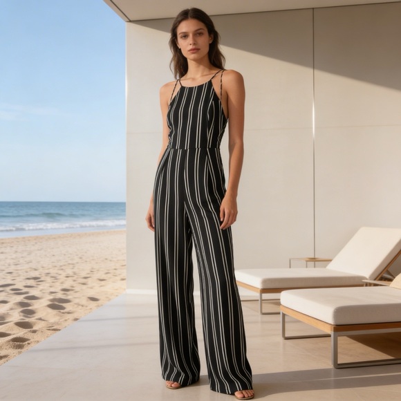 HYFVE Pants - HYFVE Black and White Striped Halter Wide-Leg Jumpsuit